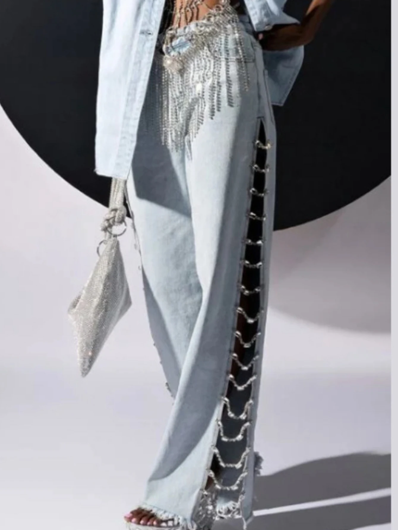 Sexy Hole Rhinestone Denim Pants Women Fashion Baggy Pants Hotwife Streetwear High Waist Wide Leg Jeans Woman Clothing Trousers