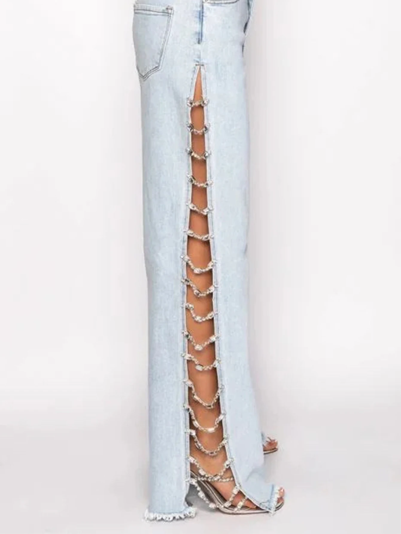 Sexy Hole Rhinestone Denim Pants Women Fashion Baggy Pants Hotwife Streetwear High Waist Wide Leg Jeans Woman Clothing Trousers