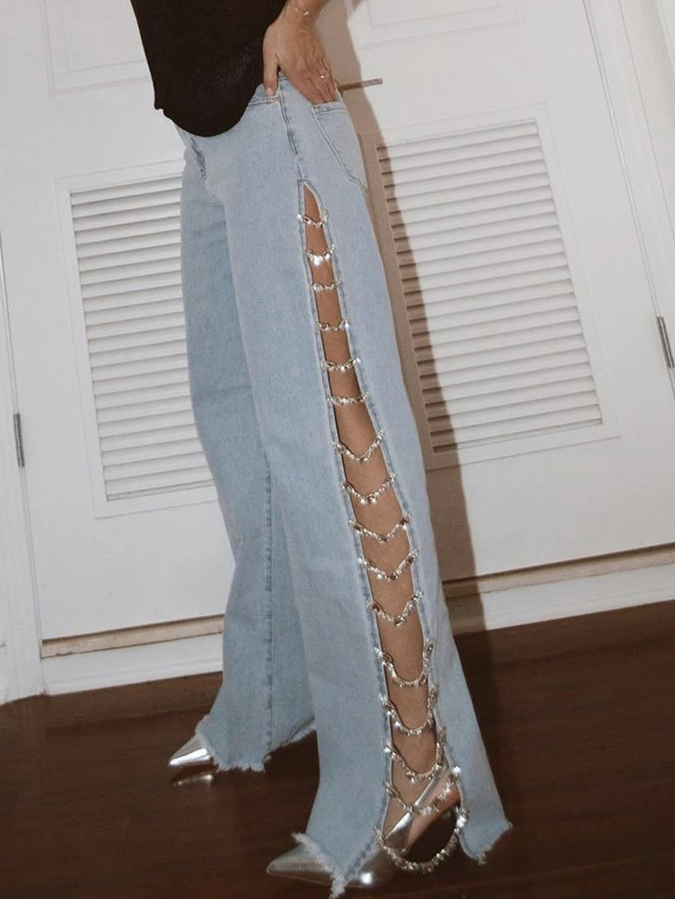 Sexy Hole Rhinestone Denim Pants Women Fashion Baggy Pants Hotwife Streetwear High Waist Wide Leg Jeans Woman Clothing Trousers