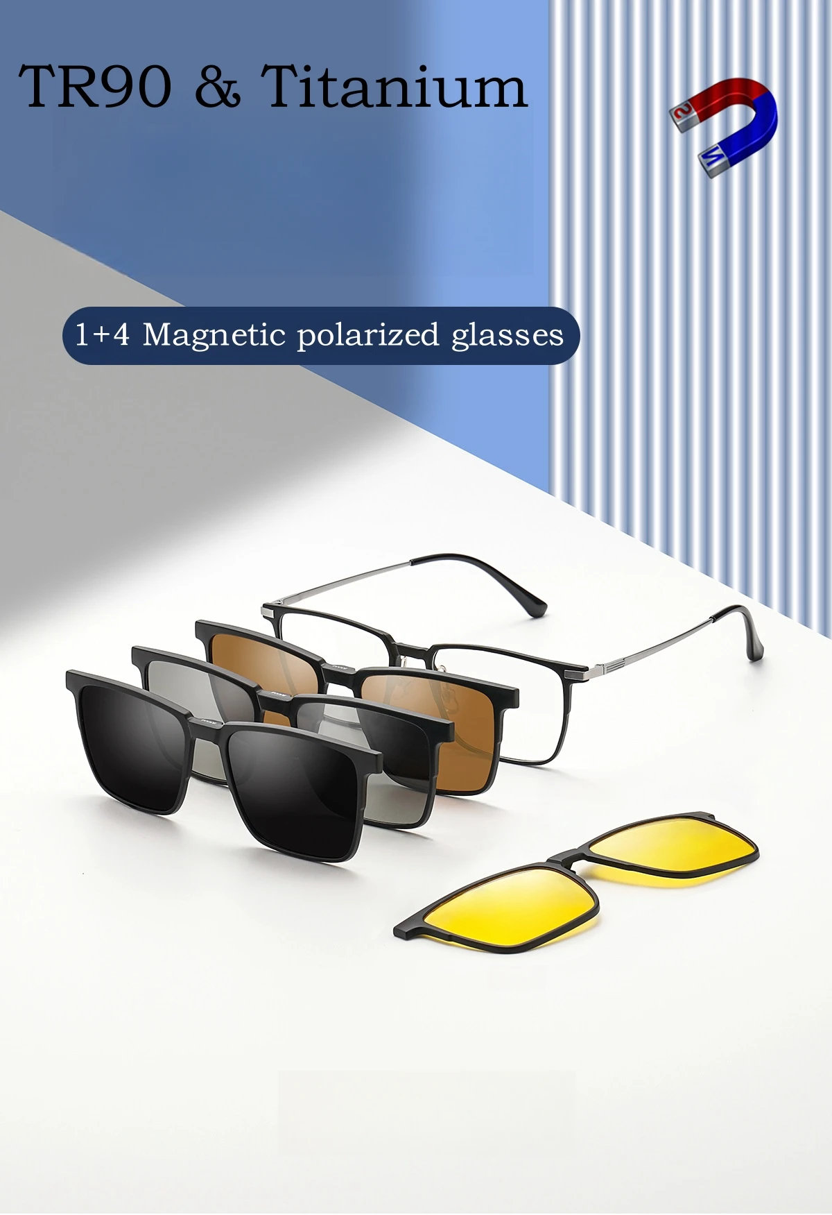 YIMARUILI Ultralight Polarized Magnetic Clip-On Glasses Men and Women TR90 Pure Titanium Optical Prescription Eyeglasses Frames