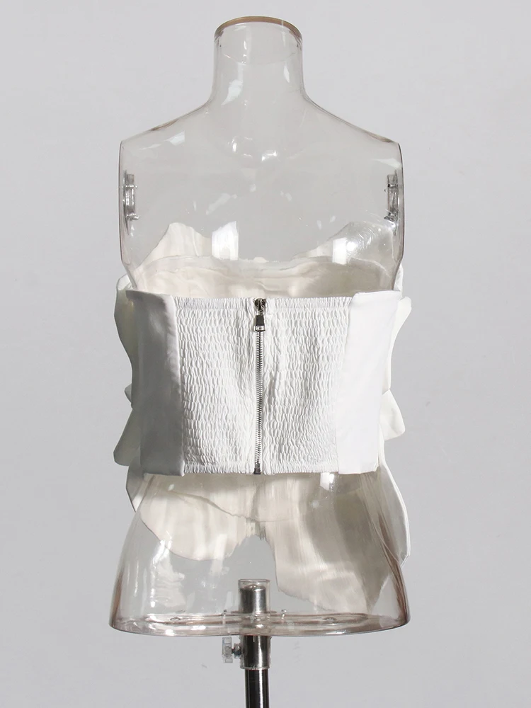 TWOTWINSTYLE Solid Sexy Patchwork Appliques Tank Top For Women Strapless Sleeveless Spliced Zipper Elegant Vests Female Style