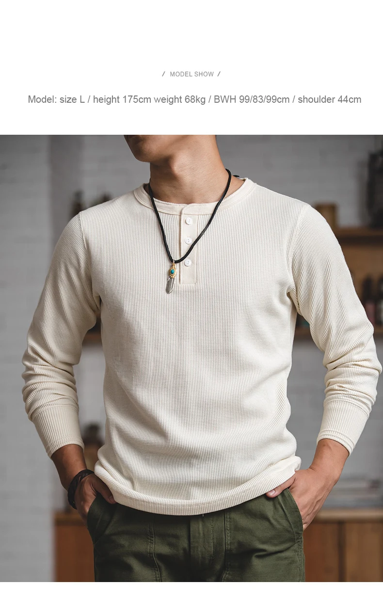 Maden Workwear Vintage Waffle Henry Shirt Vintage Long Sleeve Amekaji Solid Sweater For Men