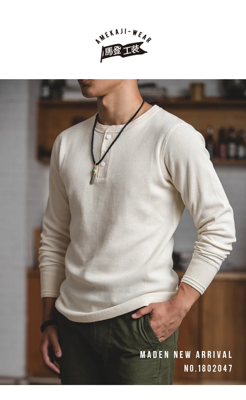 Maden Workwear Vintage Waffle Henry Shirt Vintage Long Sleeve Amekaji Solid Sweater For Men