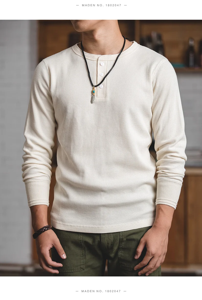 Maden Workwear Vintage Waffle Henry Shirt Vintage Long Sleeve Amekaji Solid Sweater For Men