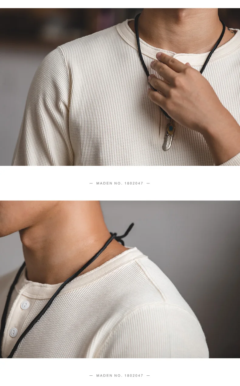 Maden Workwear Vintage Waffle Henry Shirt Vintage Long Sleeve Amekaji Solid Sweater For Men