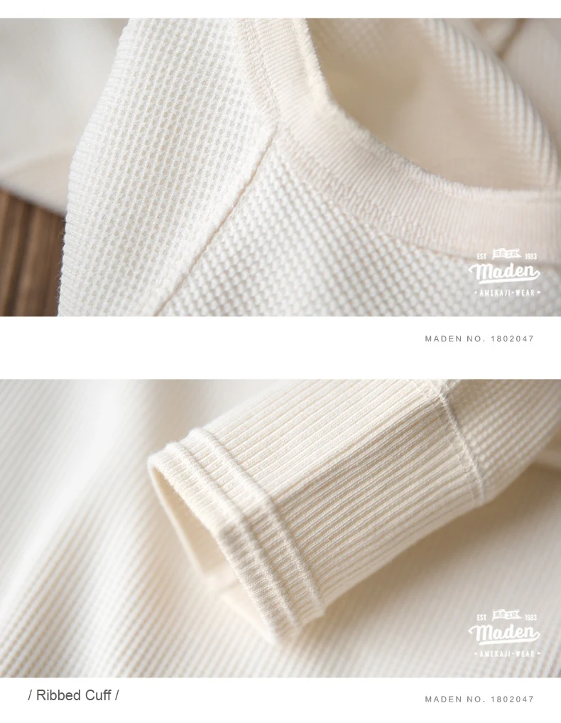 Maden Workwear Vintage Waffle Henry Shirt Vintage Long Sleeve Amekaji Solid Sweater For Men