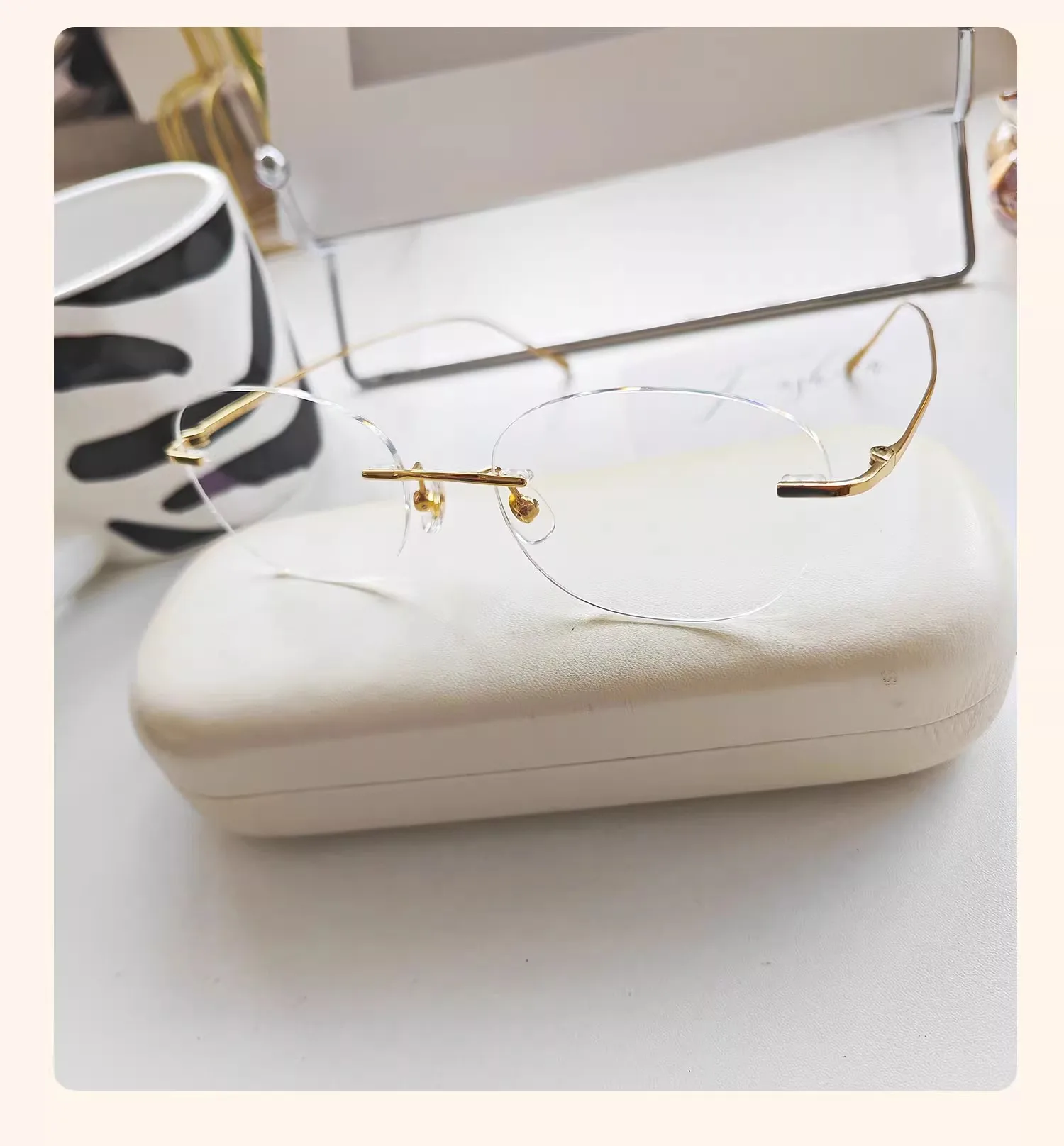 1.61 Lenses Women Glasses Titanium Rimless Oval Design Gold Eyeglasses Prescription Myopia 6g Anti Blue Light Clear CR39