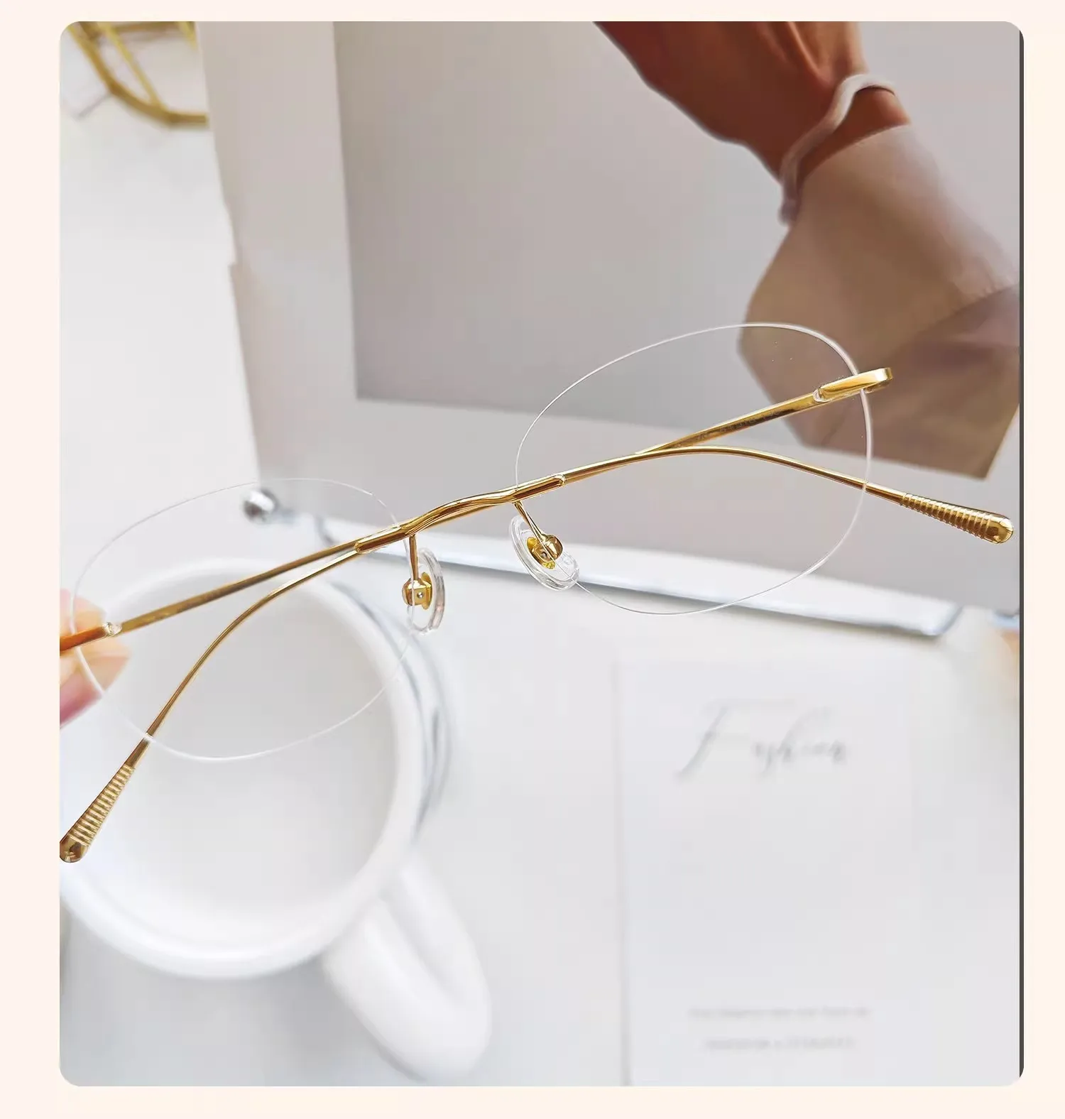 1.61 Lenses Women Glasses Titanium Rimless Oval Design Gold Eyeglasses Prescription Myopia 6g Anti Blue Light Clear CR39