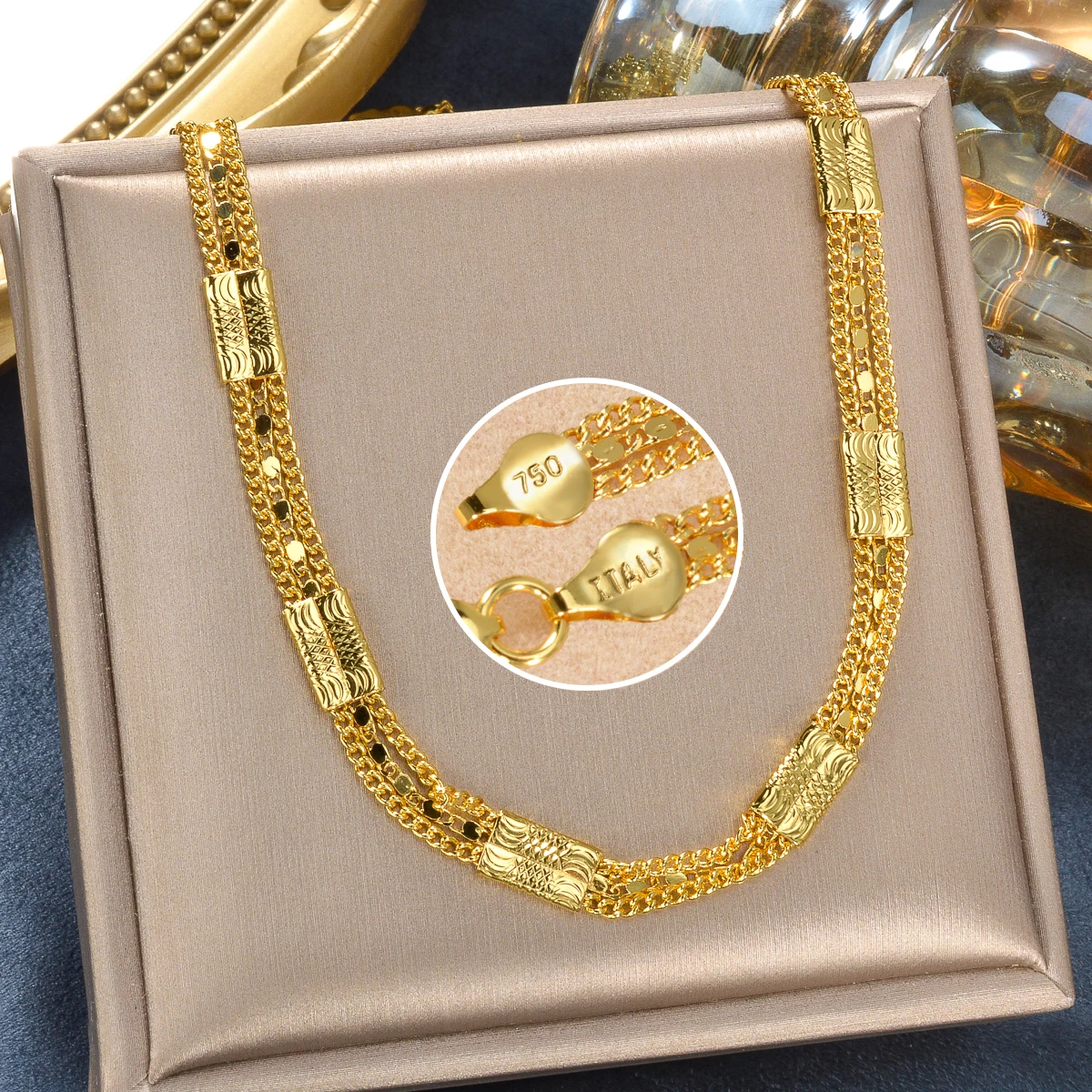 Sunny Fashion Italy 750 18K Gold Plated Geometric Necklace for Men and Women Hip Hop Rock Jewelry Accessories Gift