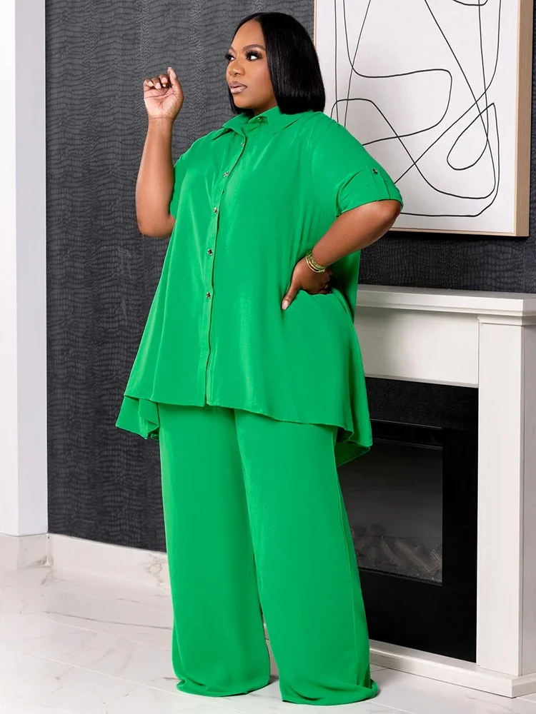Wmstar Women Plus Size Two Piece Set 5XL Summer Casual Solid Button T Shirt Wide Leg Pants Female Outfits Wholesale Dropshipping