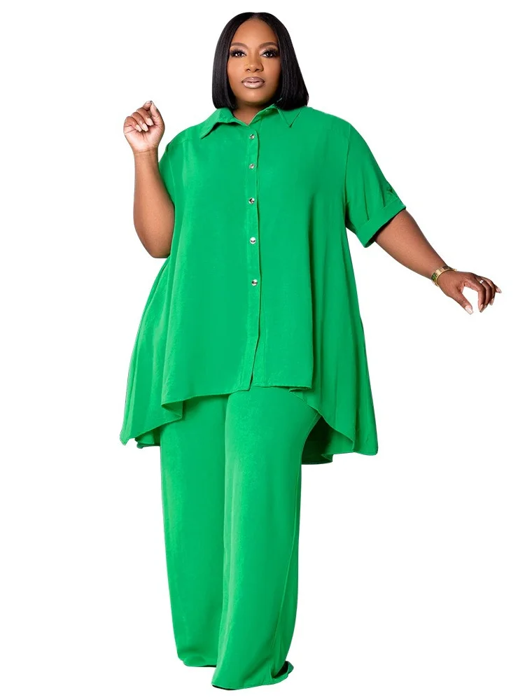 Wmstar Women Plus Size Two Piece Set 5XL Summer Casual Solid Button T Shirt Wide Leg Pants Female Outfits Wholesale Dropshipping