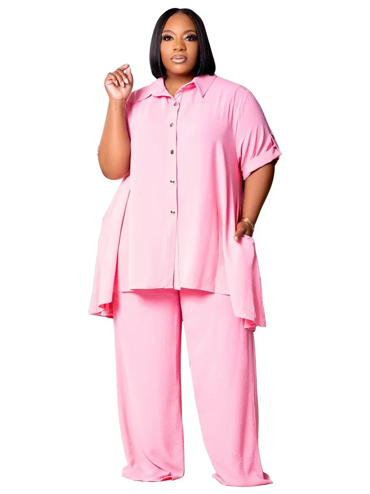 Wmstar Women Plus Size Two Piece Set 5XL Summer Casual Solid Button T Shirt Wide Leg Pants Female Outfits Wholesale Dropshipping