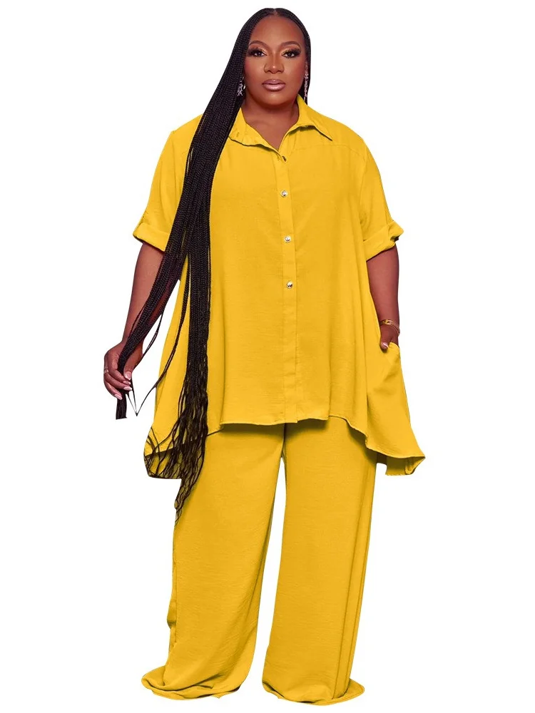 Wmstar Women Plus Size Two Piece Set 5XL Summer Casual Solid Button T Shirt Wide Leg Pants Female Outfits Wholesale Dropshipping