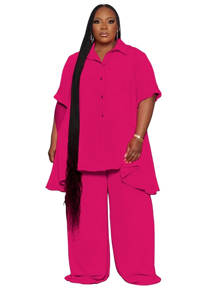 Wmstar Women Plus Size Two Piece Set 5XL Summer Casual Solid Button T Shirt Wide Leg Pants Female Outfits Wholesale Dropshipping