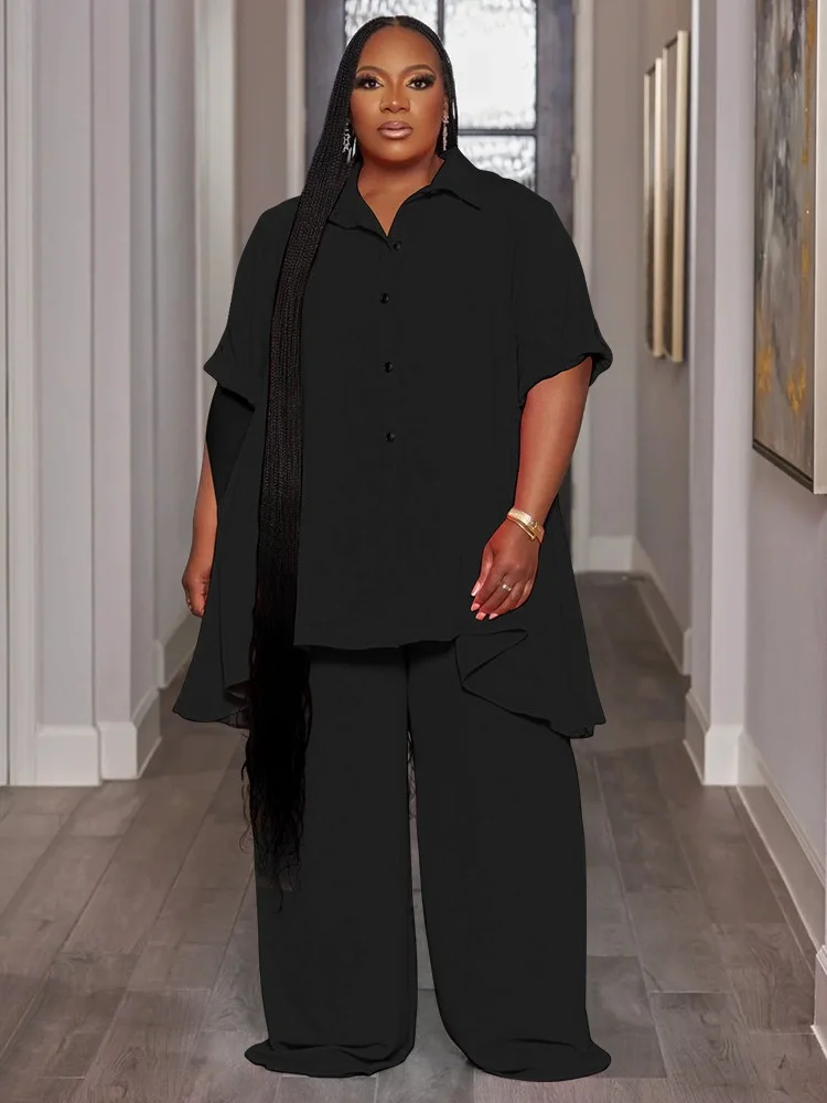 Wmstar Women Plus Size Two Piece Set 5XL Summer Casual Solid Button T Shirt Wide Leg Pants Female Outfits Wholesale Dropshipping