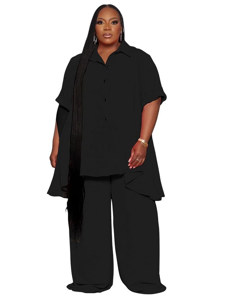 Wmstar Women Plus Size Two Piece Set 5XL Summer Casual Solid Button T Shirt Wide Leg Pants Female Outfits Wholesale Dropshipping