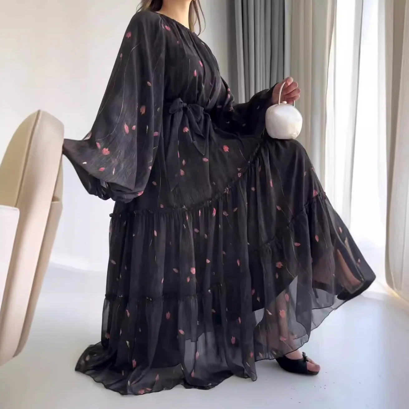 Women Dress Long Dresses A Line Casual Puff Full Sleeve Round Neck Maxi Lace Up Tight Waist Print Floral Elegant Splice Vestidos