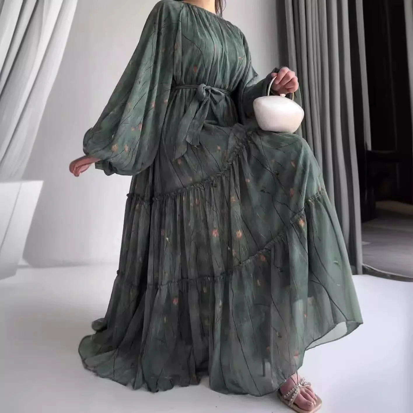 Women Dress Long Dresses A Line Casual Puff Full Sleeve Round Neck Maxi Lace Up Tight Waist Print Floral Elegant Splice Vestidos