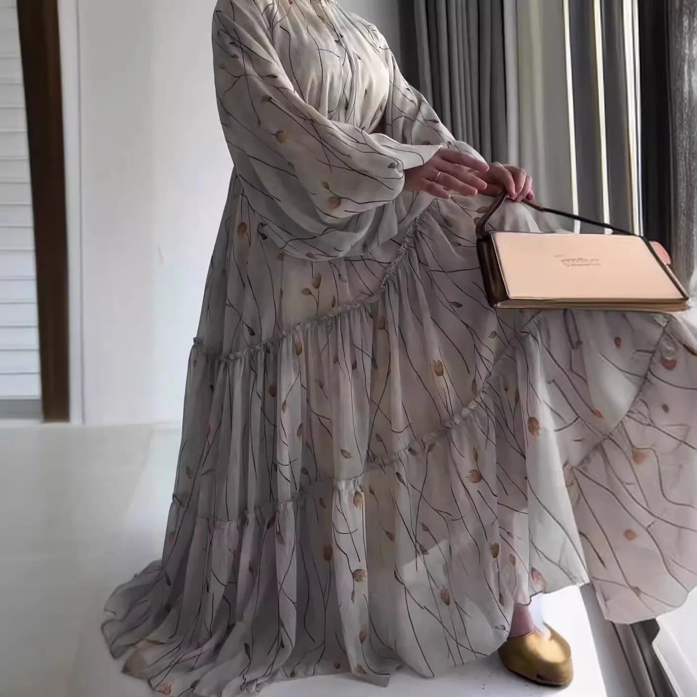 Women Dress Long Dresses A Line Casual Puff Full Sleeve Round Neck Maxi Lace Up Tight Waist Print Floral Elegant Splice Vestidos