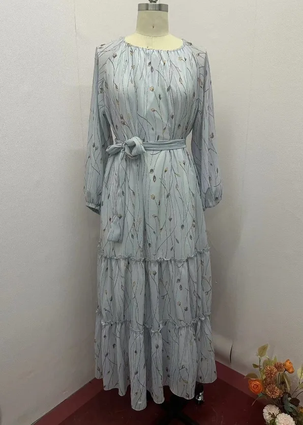Women Dress Long Dresses A Line Casual Puff Full Sleeve Round Neck Maxi Lace Up Tight Waist Print Floral Elegant Splice Vestidos