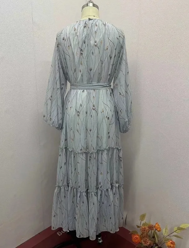 Women Dress Long Dresses A Line Casual Puff Full Sleeve Round Neck Maxi Lace Up Tight Waist Print Floral Elegant Splice Vestidos