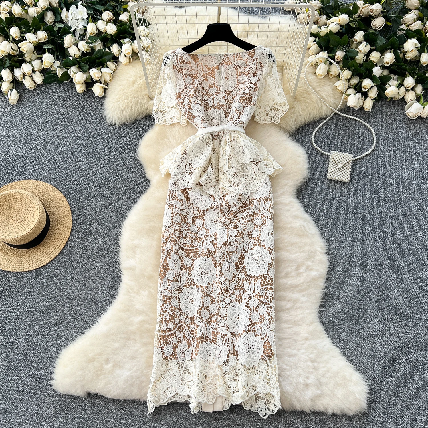 Summer Beaded Diamonds Embroidery Lace Hollow Out Evening Dresses Women Short Sleeve Ruffles Peplum Belt Midi Prom Vestidos