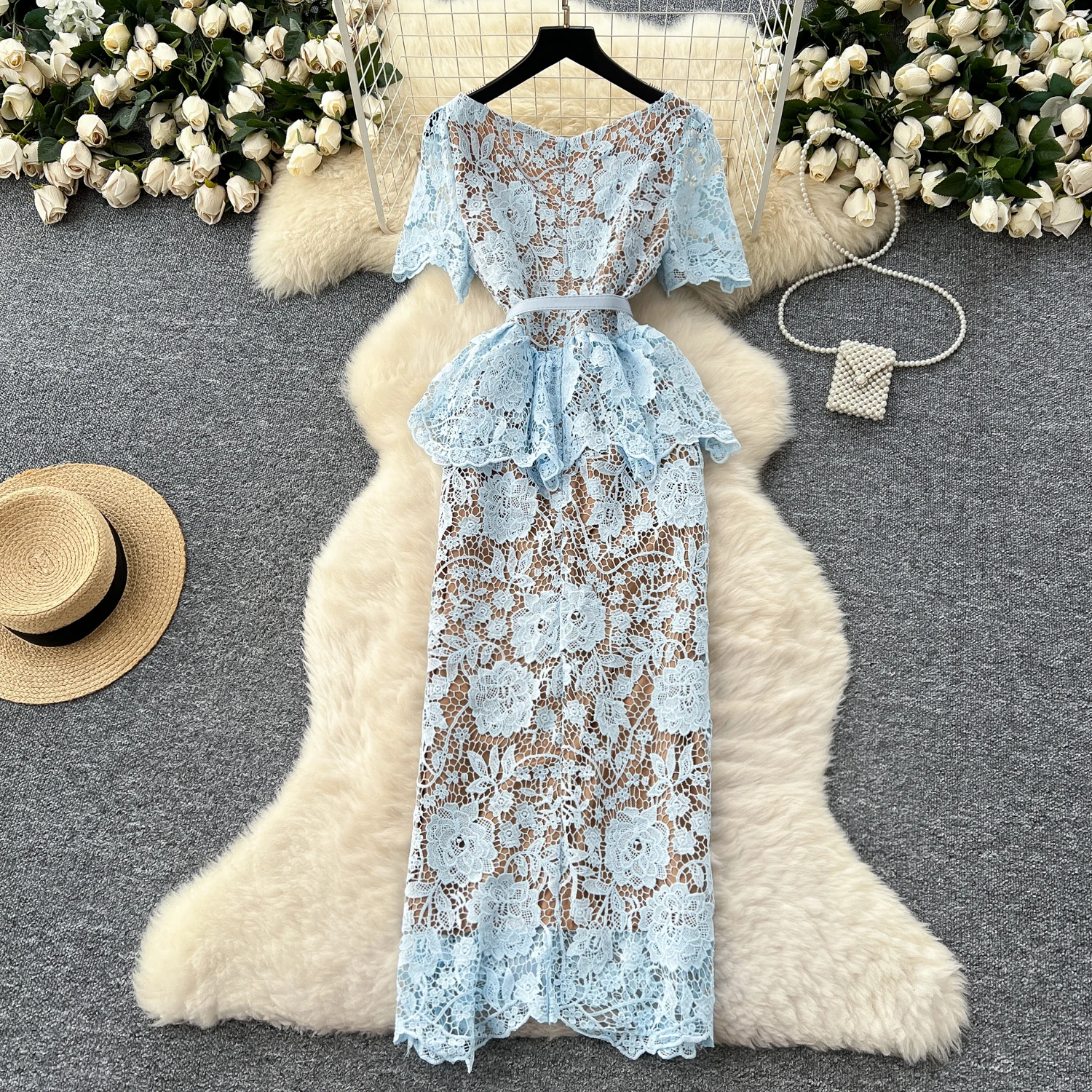 Summer Beaded Diamonds Embroidery Lace Hollow Out Evening Dresses Women Short Sleeve Ruffles Peplum Belt Midi Prom Vestidos