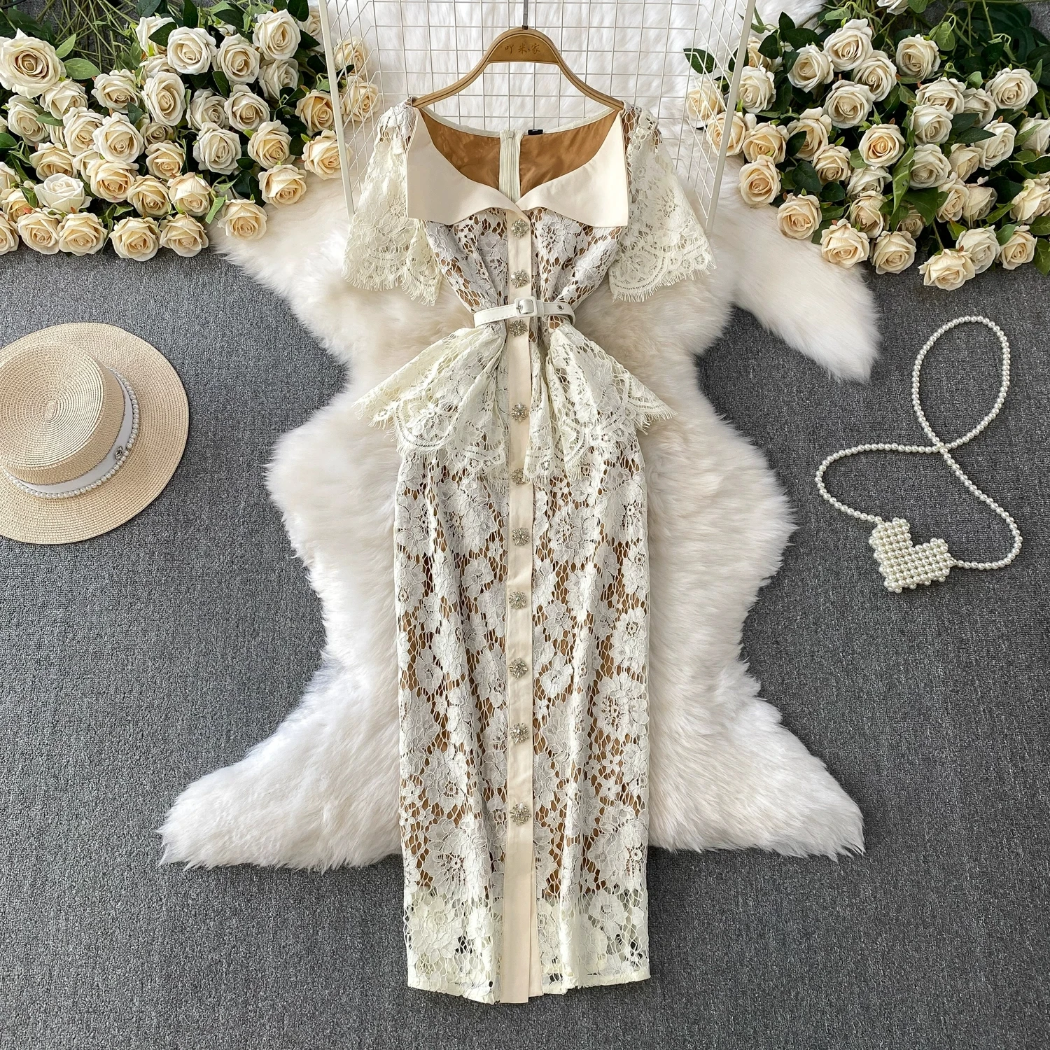 Summer Beaded Diamonds Embroidery Lace Hollow Out Evening Dresses Women Short Sleeve Ruffles Peplum Belt Midi Prom Vestidos
