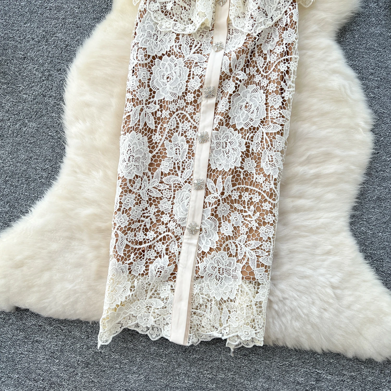 Summer Beaded Diamonds Embroidery Lace Hollow Out Evening Dresses Women Short Sleeve Ruffles Peplum Belt Midi Prom Vestidos