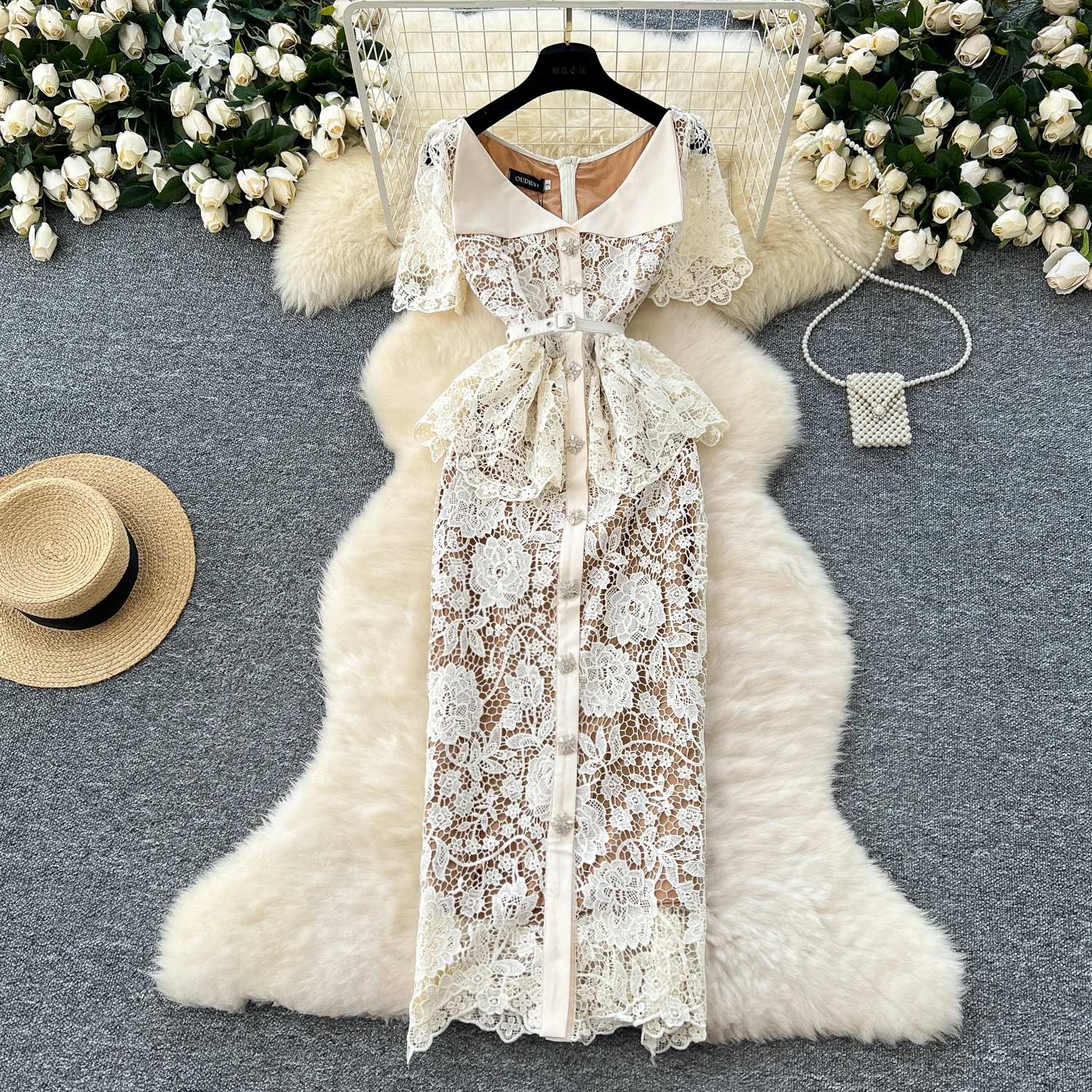 Summer Beaded Diamonds Embroidery Lace Hollow Out Evening Dresses Women Short Sleeve Ruffles Peplum Belt Midi Prom Vestidos