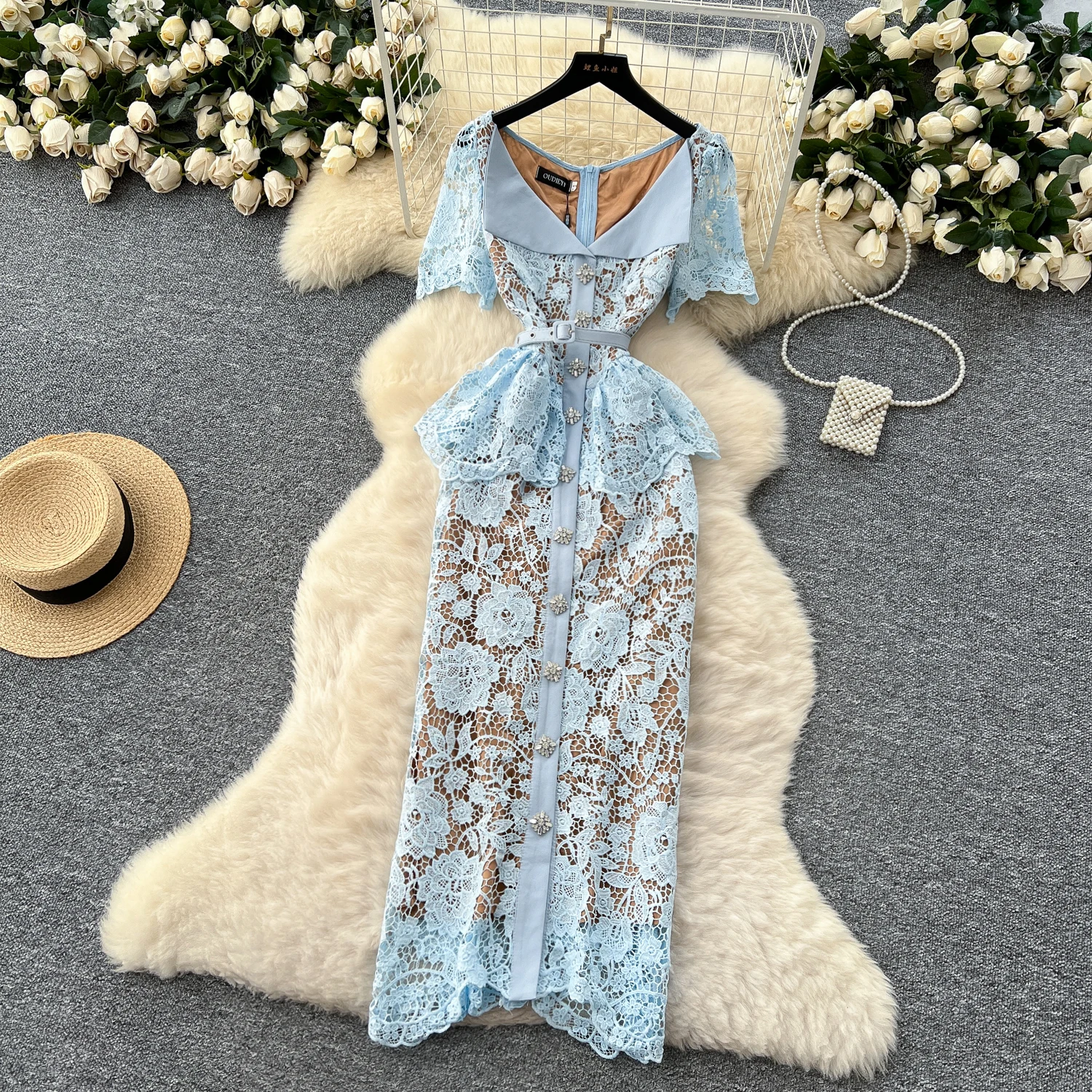Summer Beaded Diamonds Embroidery Lace Hollow Out Evening Dresses Women Short Sleeve Ruffles Peplum Belt Midi Prom Vestidos