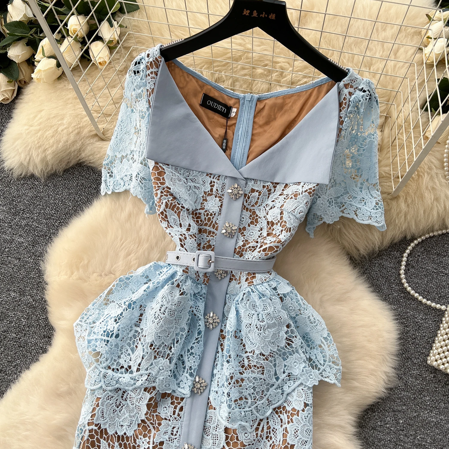 Summer Beaded Diamonds Embroidery Lace Hollow Out Evening Dresses Women Short Sleeve Ruffles Peplum Belt Midi Prom Vestidos