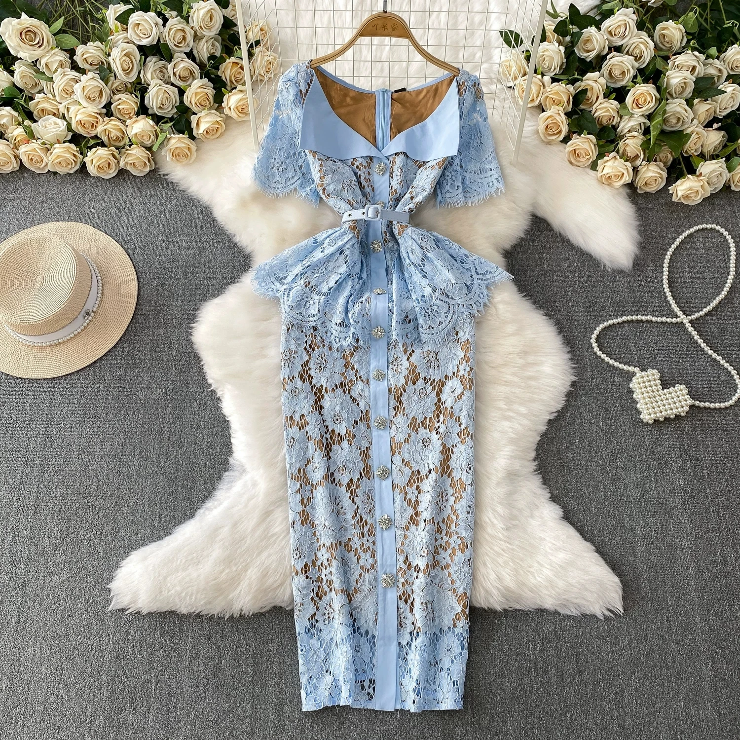 Summer Beaded Diamonds Embroidery Lace Hollow Out Evening Dresses Women Short Sleeve Ruffles Peplum Belt Midi Prom Vestidos