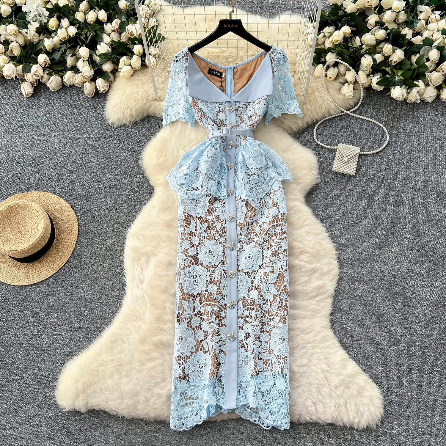 Summer Beaded Diamonds Embroidery Lace Hollow Out Evening Dresses Women Short Sleeve Ruffles Peplum Belt Midi Prom Vestidos
