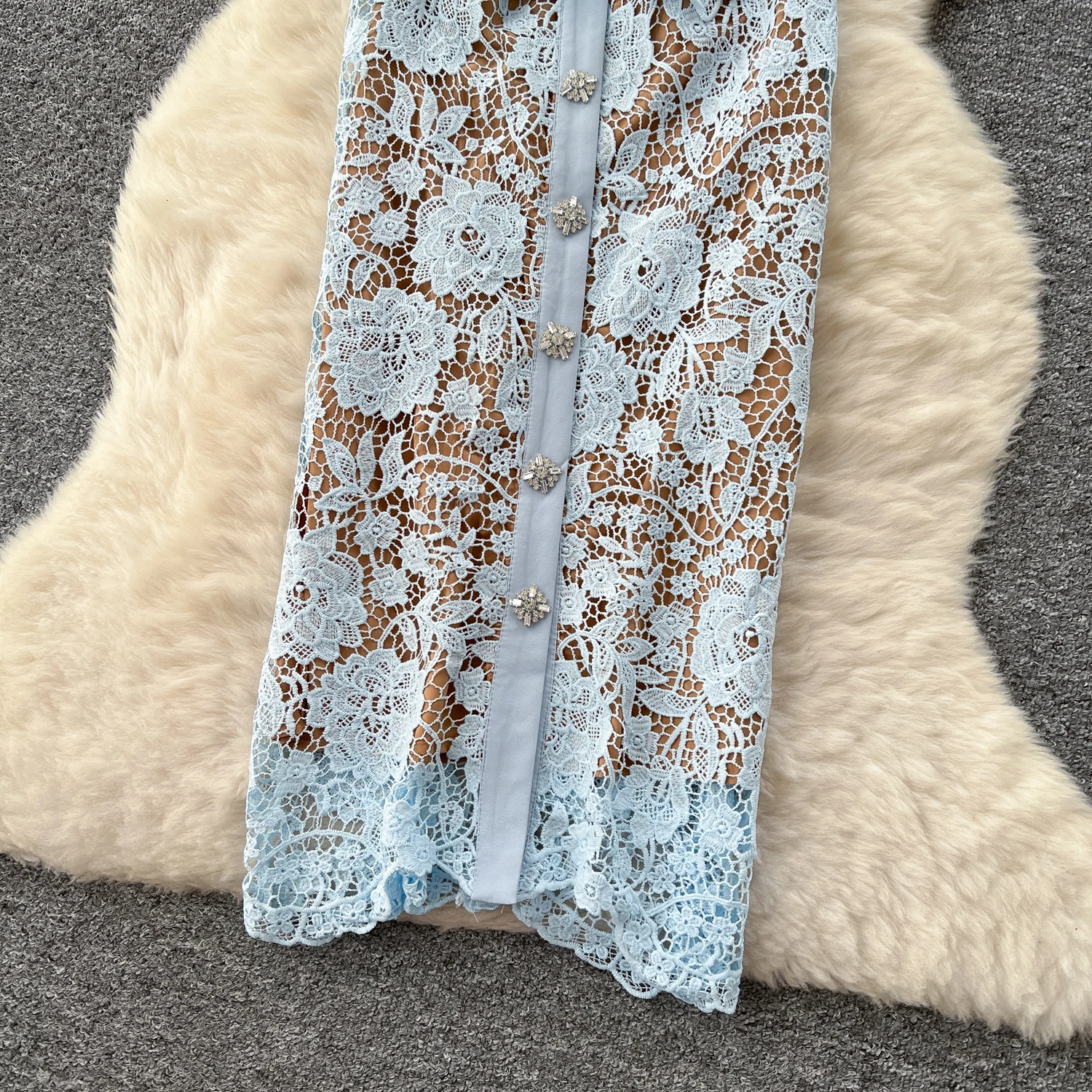 Summer Beaded Diamonds Embroidery Lace Hollow Out Evening Dresses Women Short Sleeve Ruffles Peplum Belt Midi Prom Vestidos