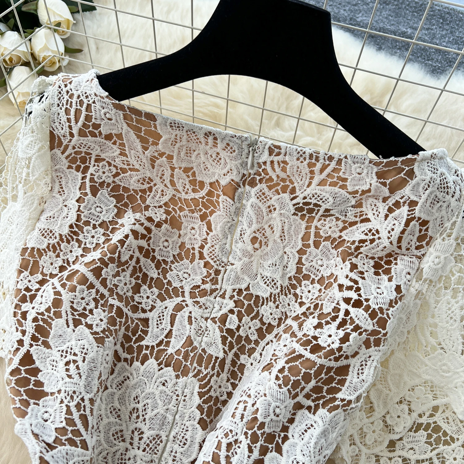 Summer Beaded Diamonds Embroidery Lace Hollow Out Evening Dresses Women Short Sleeve Ruffles Peplum Belt Midi Prom Vestidos