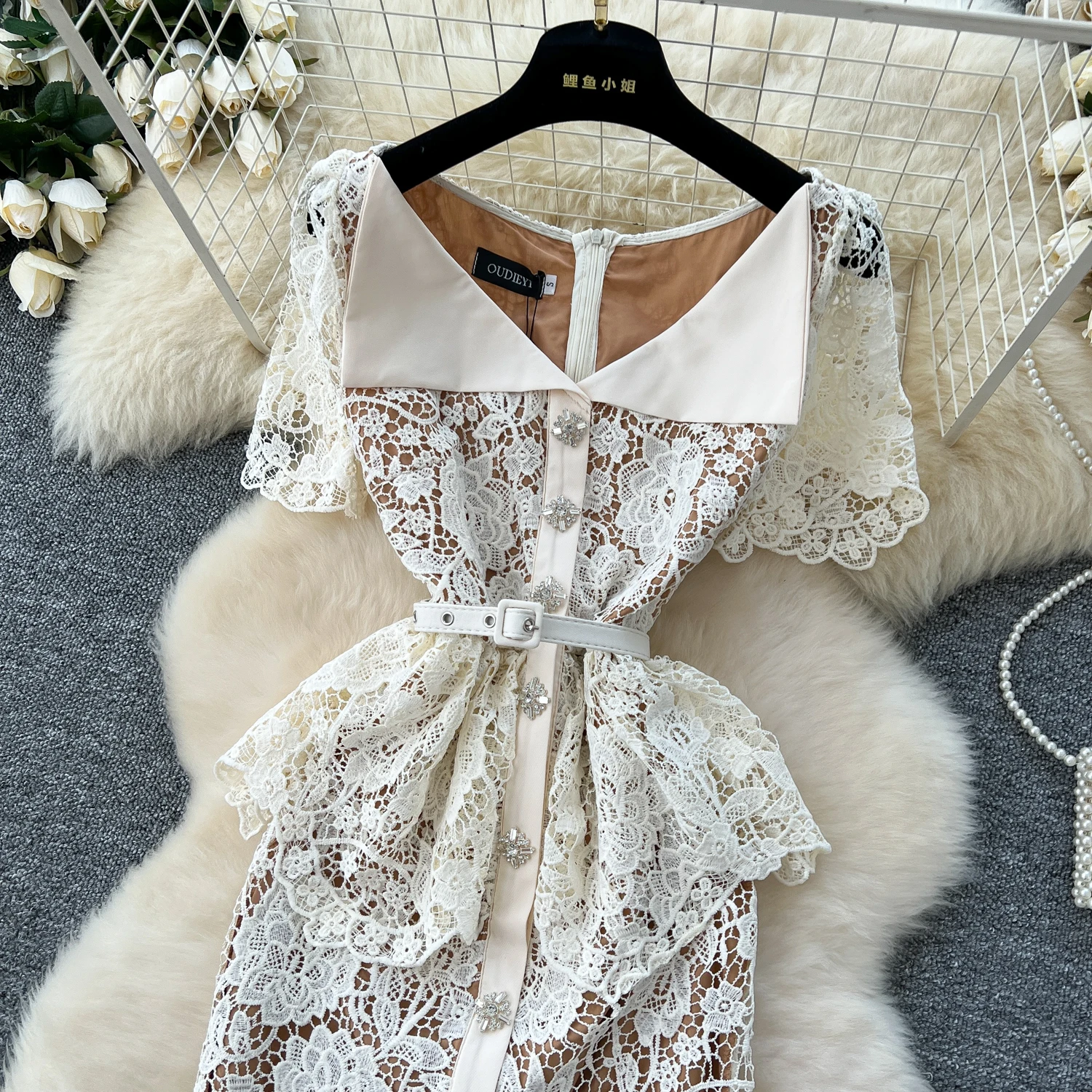 Summer Beaded Diamonds Embroidery Lace Hollow Out Evening Dresses Women Short Sleeve Ruffles Peplum Belt Midi Prom Vestidos