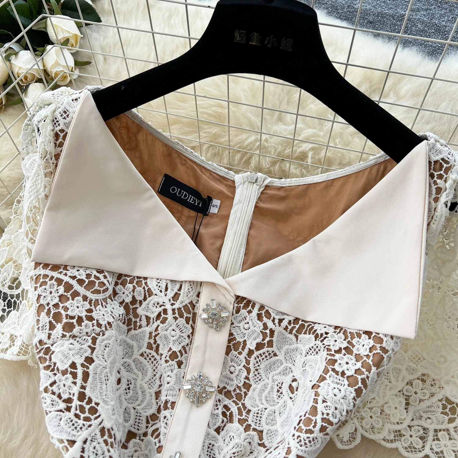 Summer Beaded Diamonds Embroidery Lace Hollow Out Evening Dresses Women Short Sleeve Ruffles Peplum Belt Midi Prom Vestidos