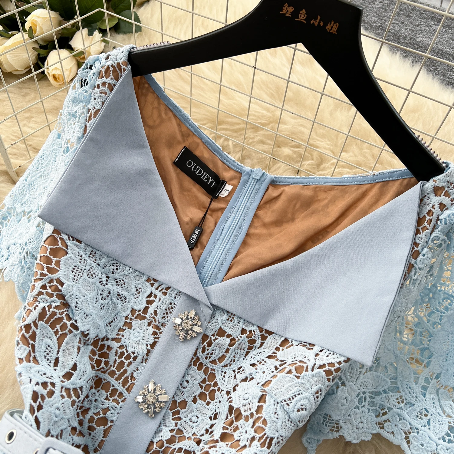 Summer Beaded Diamonds Embroidery Lace Hollow Out Evening Dresses Women Short Sleeve Ruffles Peplum Belt Midi Prom Vestidos