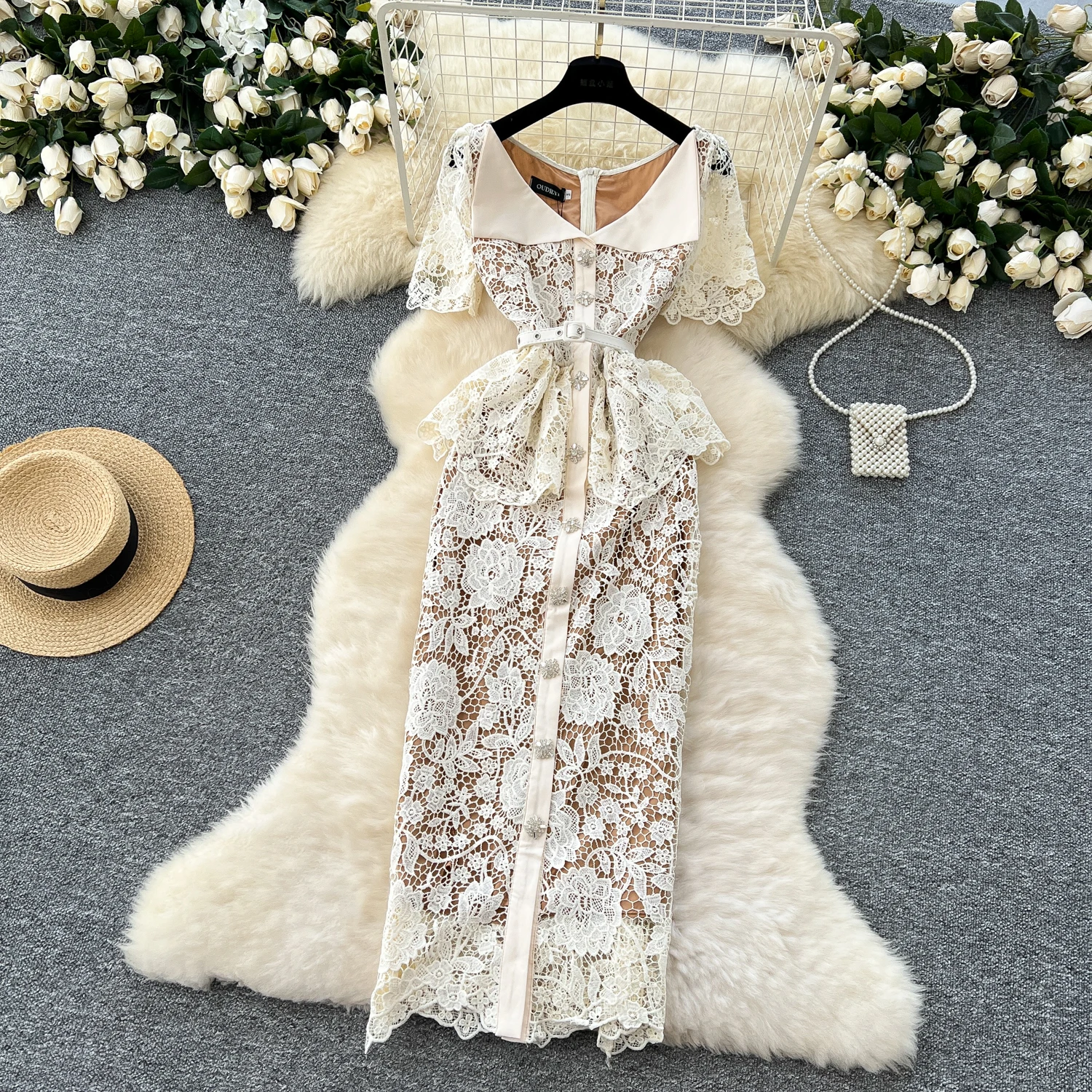 Summer Beaded Diamonds Embroidery Lace Hollow Out Evening Dresses Women Short Sleeve Ruffles Peplum Belt Midi Prom Vestidos