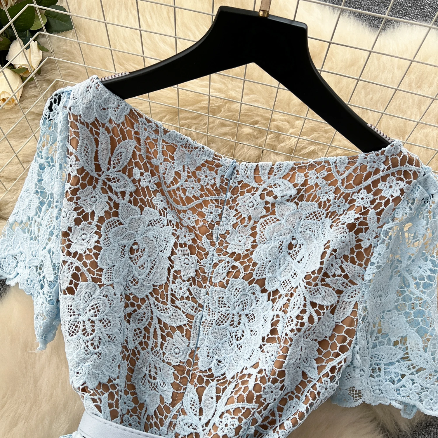 Summer Beaded Diamonds Embroidery Lace Hollow Out Evening Dresses Women Short Sleeve Ruffles Peplum Belt Midi Prom Vestidos