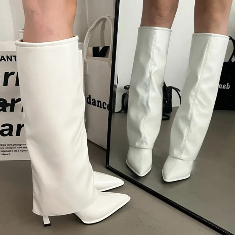 Party Modern Ladies Knee High Boots Pointed Toe Fashion Pleated Western Women Long Boots Shoes Female Pumps Heels Shoes
