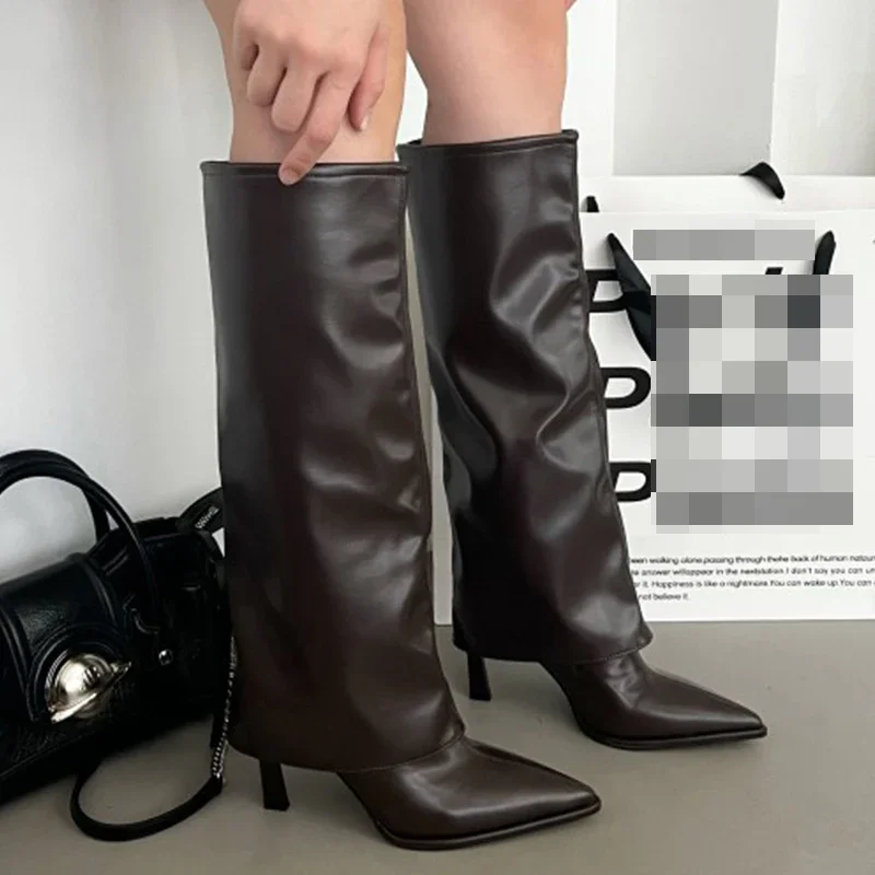 Party Modern Ladies Knee High Boots Pointed Toe Fashion Pleated Western Women Long Boots Shoes Female Pumps Heels Shoes