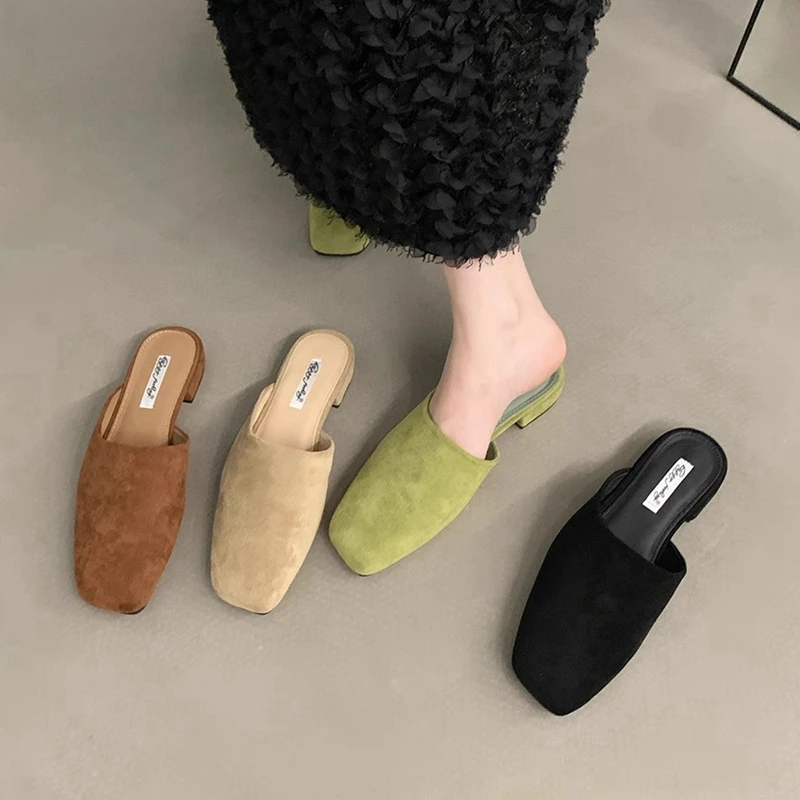 SUOJIALUN 2024 Autumn Women Flat Shoes Fashion Round Toe Slip On Mules Shoes Soft Flat Heel Outdoor Casual Dress Sandal Shoes