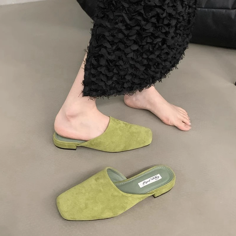 SUOJIALUN 2024 Autumn Women Flat Shoes Fashion Round Toe Slip On Mules Shoes Soft Flat Heel Outdoor Casual Dress Sandal Shoes