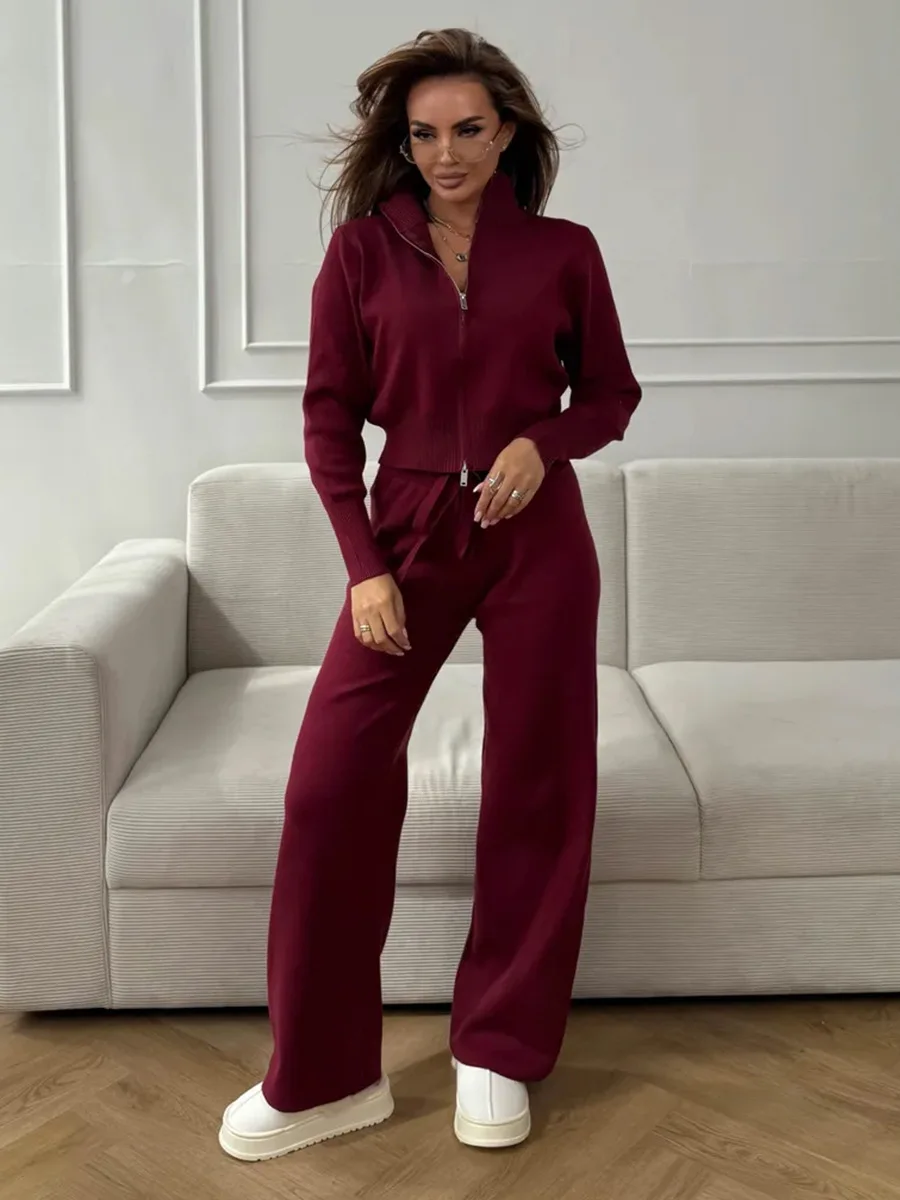 Wolfeel New Autumn Winter Zip Up Knit Pants Set Women's Trendy Slim Fit Cardigan Pants Chic Commuting Sweater Outfit