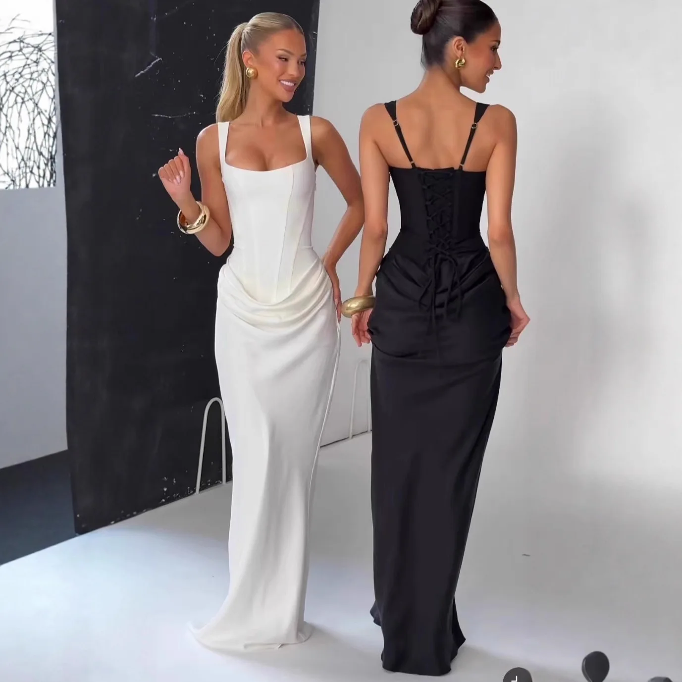 CHNMR Sexy Backless Ruched Maxi Dress for Women U-neck Sleeveless Bandage Bodycon Black Long Dresses Lady Evening Party Gown