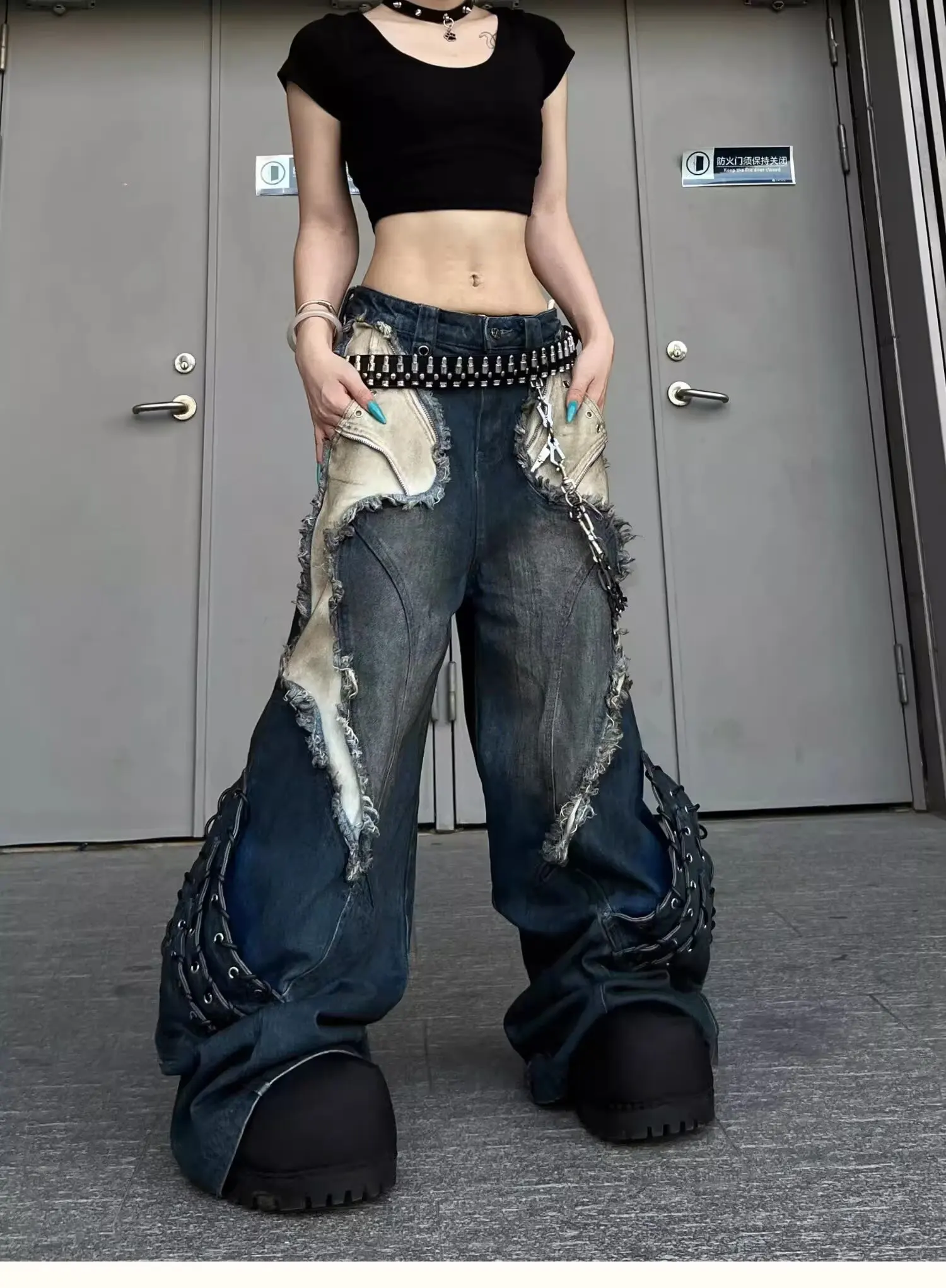 Vintage Patchwork Distressed Jeans Hip Hop Loose Wide Leg Cargo Pants Women's Washed Distressed Denim Trousers
