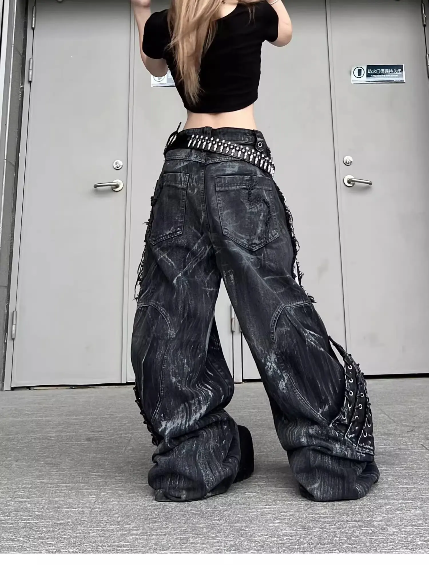 Vintage Patchwork Distressed Jeans Hip Hop Loose Wide Leg Cargo Pants Women's Washed Distressed Denim Trousers