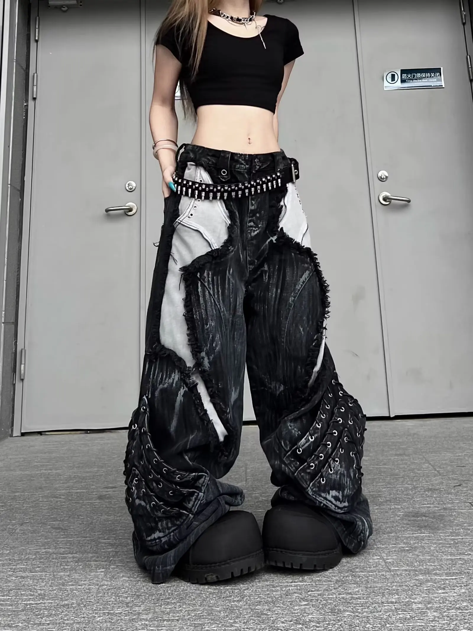 Vintage Patchwork Distressed Jeans Hip Hop Loose Wide Leg Cargo Pants Women's Washed Distressed Denim Trousers